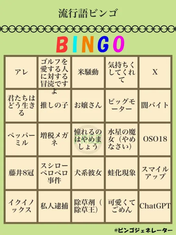 ビンゴカード1列目 アレ、ゴルフを愛する人に対する冒涜ですよ、米騒動、気持ちくしてくれて、X 2列目君たちはどう生きる、推しの子、お嬢さん、ビッグモーター、闇バイト 3列目 ペッパーミル、増税メガネ、憧れるのはやめましょう、水星の魔女（やめなさい）、OSO18 4列目 藤井8冠、スシローペロペロ事件、犬系彼女、蛙化現象、スマイルアップ 5列目 イクイノックス、私人逮捕、除草剤（除草王）、可愛くてごめん、ChatGPT