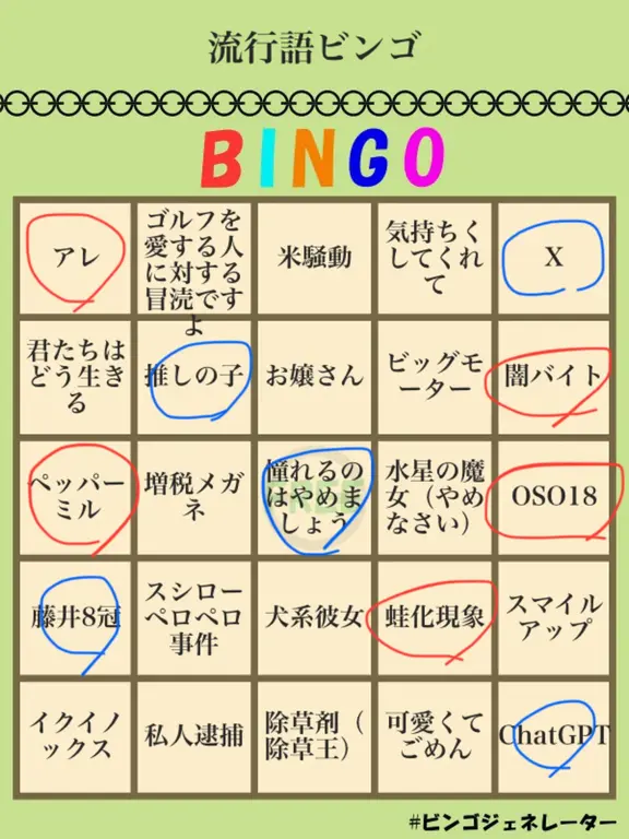 アレ、推しの子、憧れるのはやめましょう、蛙化現象、ChatGPTの斜め列でビンゴ達成
