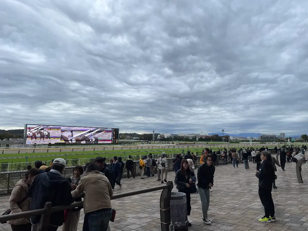 競馬場のゴール前の直線 まばらに人がいる