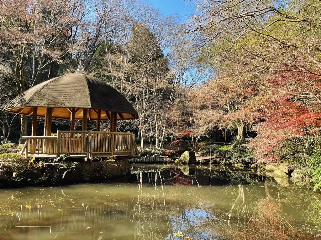 公園内の池 屋根付きの休憩所がある
