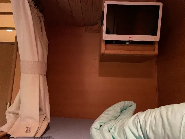 カプセルホテルの部屋、寝具とテレビがある